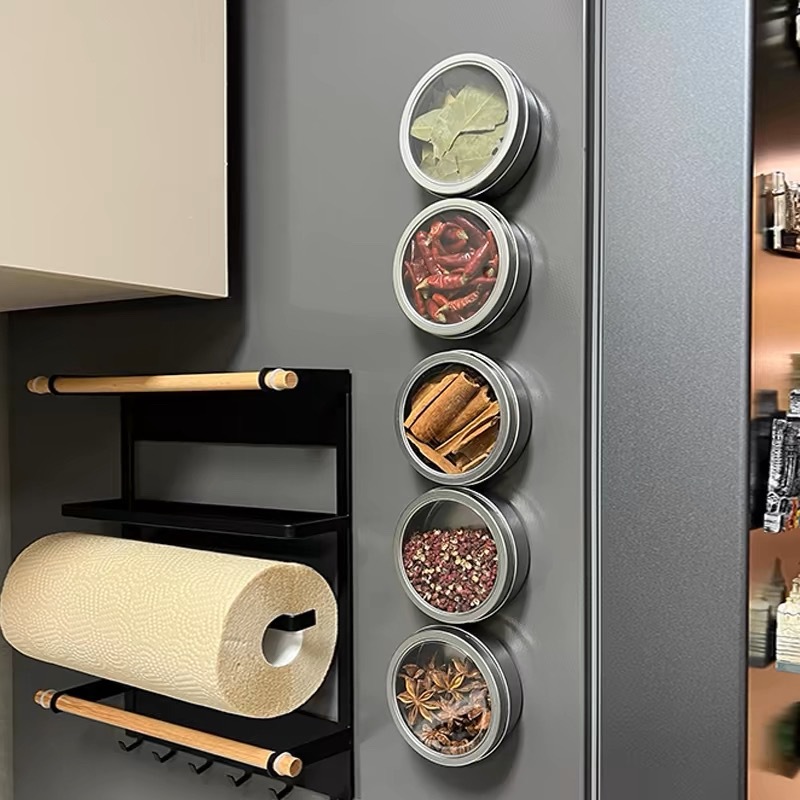 Tin Container Lid - Şeffaf Kapaklı Manyetik Baharat Kutuları, Duvara